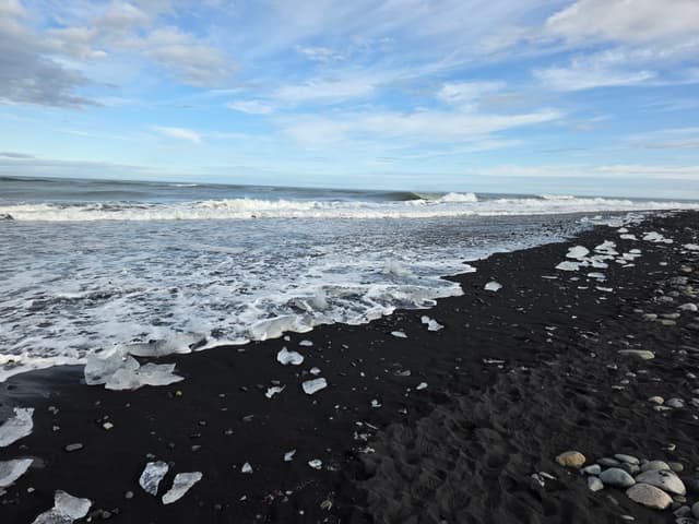 Chunks of glacier ice scattered on black sand in the surf